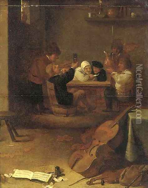 Peasants drinking and smoking in an inn, musical instruments in the foreground Oil Painting - David The Younger Teniers