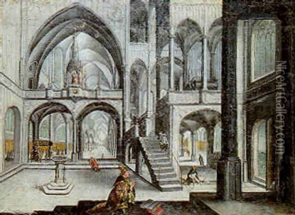 Interieur De Cathedrale Gothique Avec Le Pape Adriaen Vi En Priere Oil Painting - Hendrick Aerts