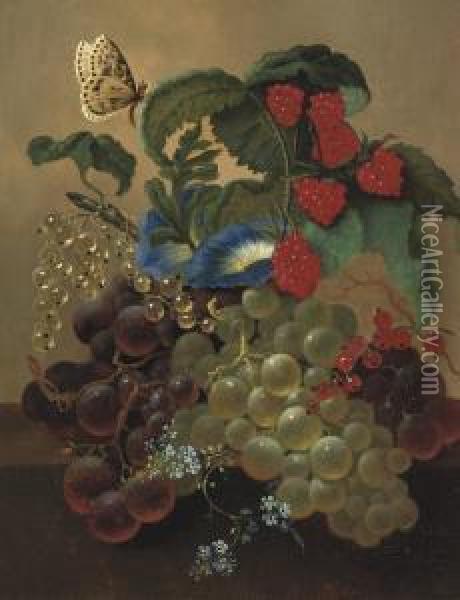Fruits And Flowers On A Ledge Oil Painting - Jan Van Der Waarden