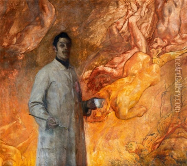 Der Maler. Pius Ferdinand Messerschmitt Im Malerkittel Mit Pinsel Und Farbe Vor Einem Oil Painting - Carl von Marr