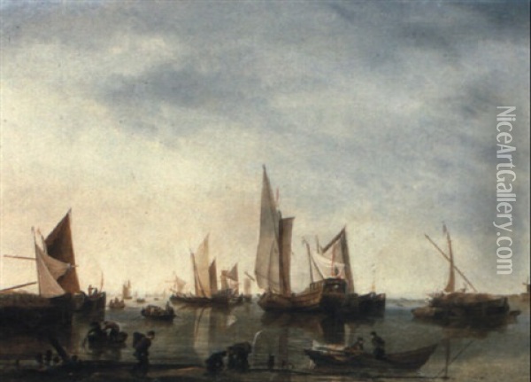 A Calm With States Yachts, Hay Barges And Other Shipping Offshore Oil Painting - Hendrik Jacobsz Dubbels