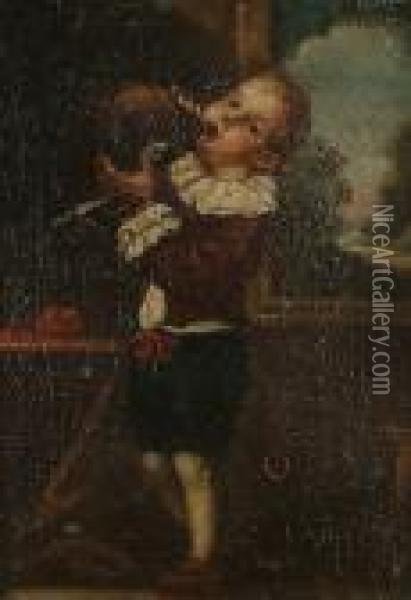 A Young Boy Drinking From A Flask Oil Painting - Antonio Amorosi