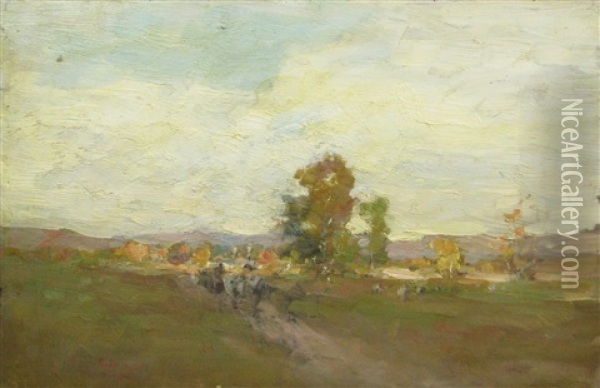Cart With Oxen In Landscape Oil Painting - Nicolae Grigorescu