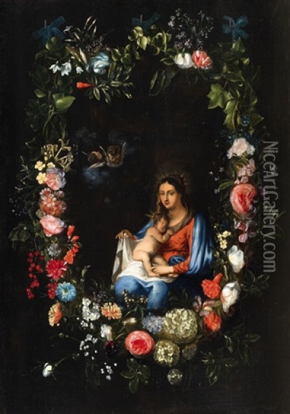 The Virgin In A Floral Wreath Oil Painting - Catharina Ijkens