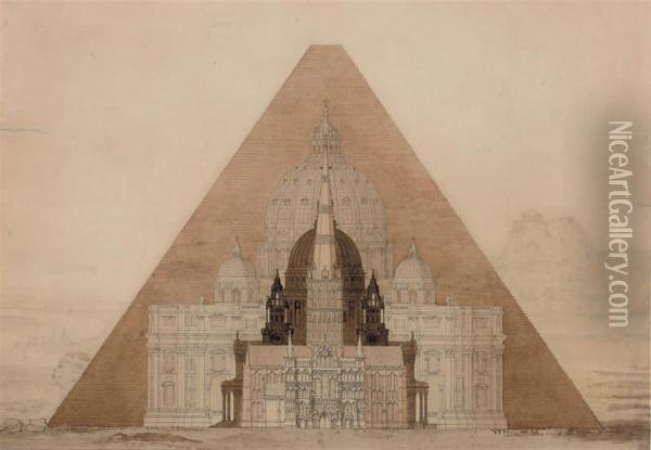 The Comparative Height Of The Great Pyramid At Giza With St Peter's Basilica, Rome, St Paul's Cathedral, London, And Salisbury Cathedral, With The Sphinx And The Acropolis, Athens, Beyond Oil Painting - Charles Robert Cockerell