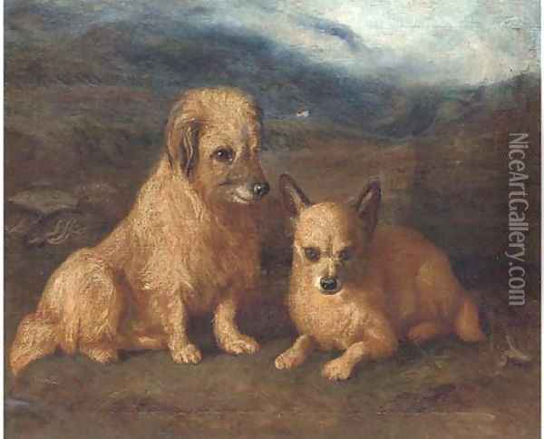 Two terriers in a landscape Oil Painting - English School