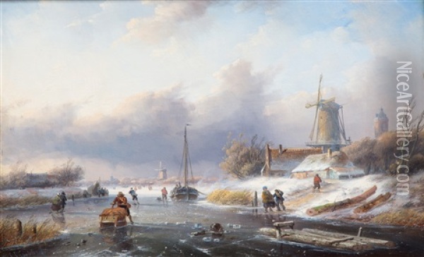 A Dutch Winter Landscape With Figures On The Ice Oil Painting - Jan Jacob Spohler