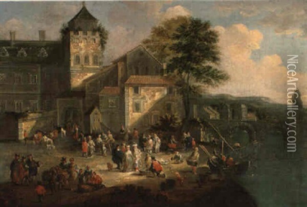 A Coastal Landscape With Merchants And Fishmonger Oil Painting - Mathys Schoevaerdts