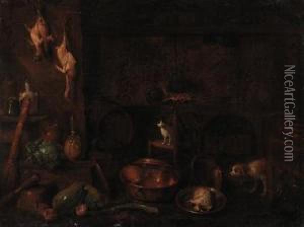 A Dog, A Cat And Dead Game With Vegetables And Cooking Vessels In Akitchen Interior Oil Painting - Gian Domenico Valentino