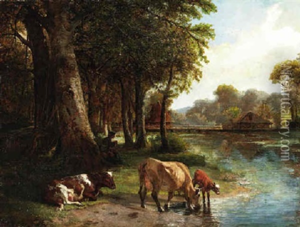 Cows Watering By The River's Edge Oil Painting - John William Bottomley
