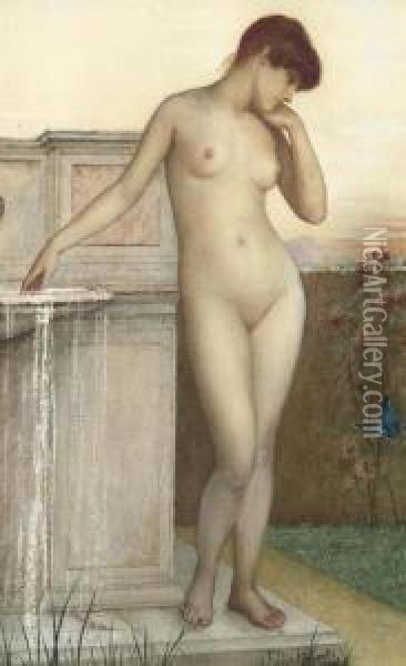 A Female Nude Standing By A Fountain Oil Painting - Ellis William Roberts