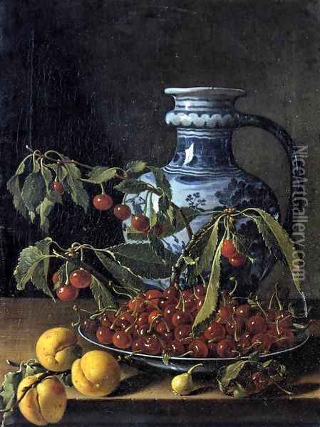 Still-Life with Fruit and a Jar 2 Oil Painting - Luis Eugenio Melendez