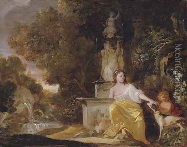 A lady, seated by a fountain, with a dog and a child, in a landscape Oil Painting - Sir Peter Lely