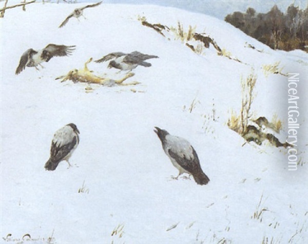 Vinterparti Med Krager Der Omringer Saret Og Doende Hare Oil Painting - William Gislander