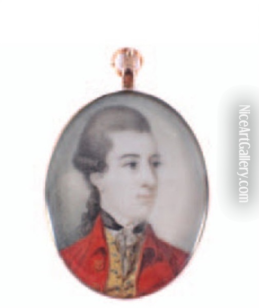 Portrait Of A Gentleman With Powdered Hair Tied In A Ribbon, Wearing A Red Coat And Yellow Waistcoat Oil Painting - Richard Cosway