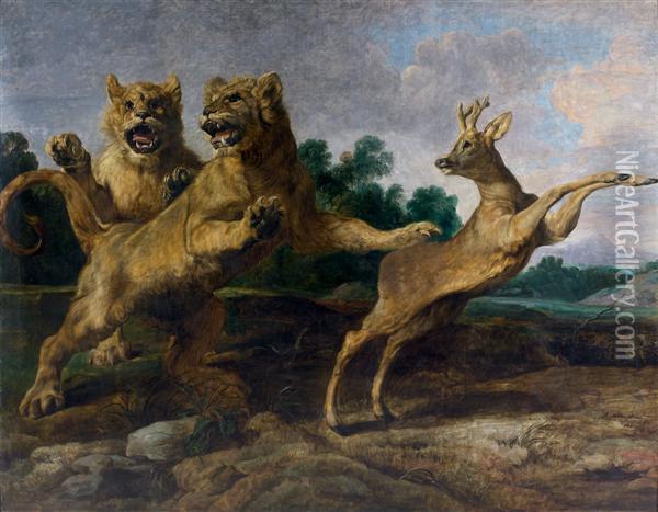 Deux Jeunes Lions Poursuivant Un Chevreuil Oil Painting - Frans Snyders