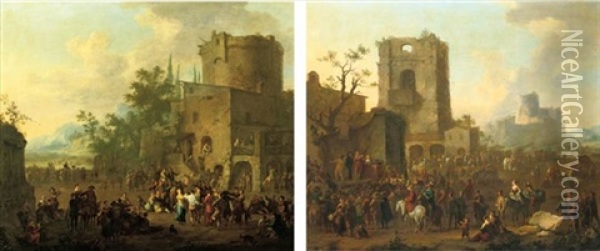 An Italianate Town With Figures Gathered Around A Commedia Dell'arte Play, A Castle On A Hill Beyond (+ An Italianate Town With Figures Dancing The Saltarello And Making Music; Pair) Oil Painting - Franz de Paula Ferg
