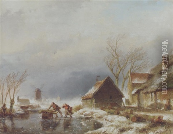 Winterlandschaft Mit Zugefrorenem Kanal Und Zwei Schlittschuhlaufern Oil Painting - Andreas Schelfhout