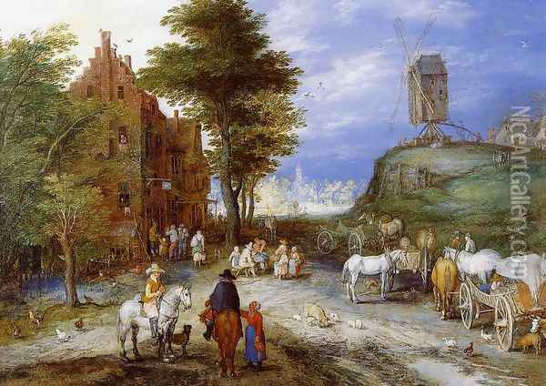 Village Entrance with Windmill Oil Painting - Jan The Elder Brueghel