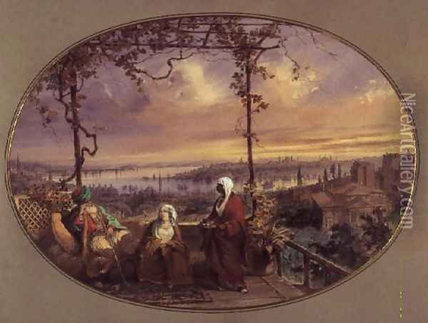 View from terrace of a house in Galata, with a Turk, his wife and servant looking towards the mouth of the Golden Horn and Bosphorus Oil Painting - Amadeo Preziosi