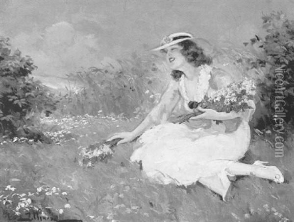 Madchen Mit Blumen Auf Der Sommerwiese Oil Painting - Leopold Illencz