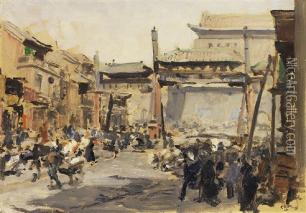 Peking - Belebte Strase Vor Dem Stadttor Qianmen (zhengyangmen) Oil Painting - Erich Kips