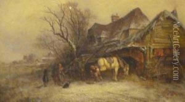 Reshoeing The Horse In Winter Landscape Oil Painting - George Augustus Williams