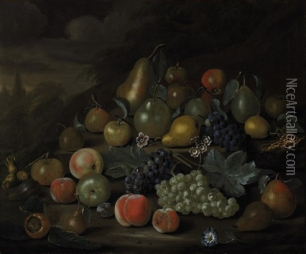 Still Life Of Pears, Peaches, Apples, Plums, Grapes, Hazelnuts, And Flowers On A Bank Oil Painting - Charles Collins