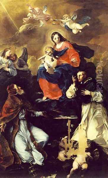 Virgin and Child with Angels and Saints 1700s Oil Painting - Felice Torelli