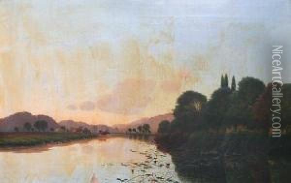 River Landscape With Cattle Watering, Possibly The Thames Oil Painting - Edwin H., Boddington Jnr.