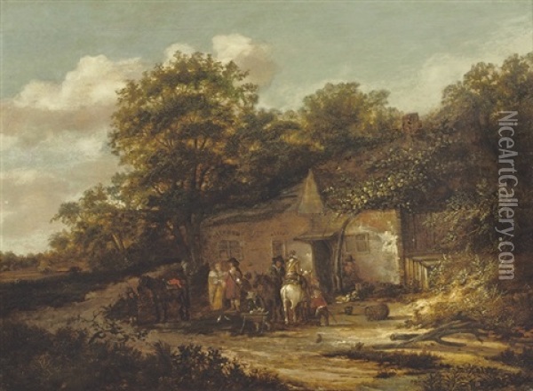 A Wooded Landscape With Travellers Resting By An Inn Oil Painting - Barend Gael