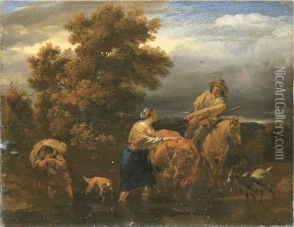 An Italianate River Landscape With Drovers At A Ford At Dusk Oil Painting - Nicolaes Berchem