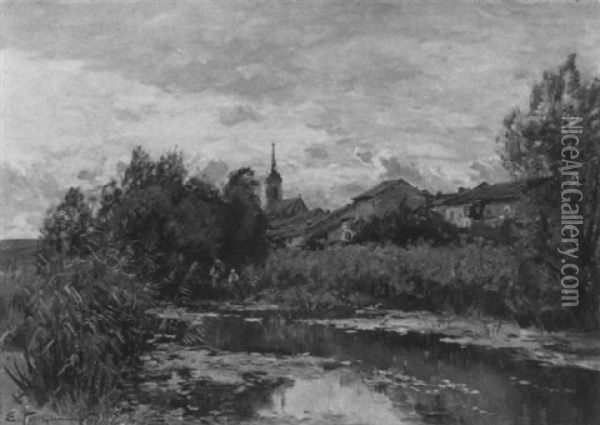 Dorfliche Landschaft Mit Einem Teich Oil Painting - Edmond Marie Petitjean