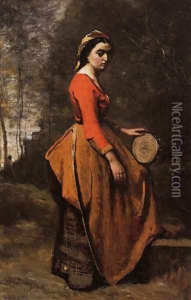 Gypsy with a Basque Tamborine Oil Painting - Jean-Baptiste-Camille Corot