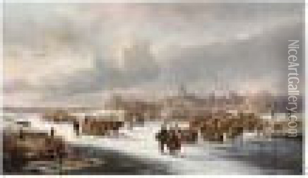 Numerous Figures On A Frozen River, A Town In The Distance Oil Painting - Cornelis Kimmel