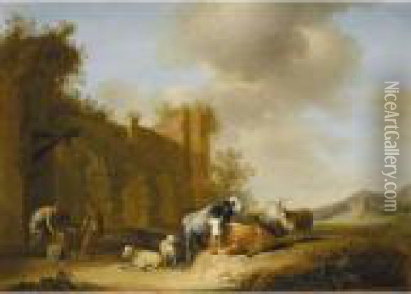 Goats Cows And Sheep In A 
Landscape With Three Men Working At A Well 
Nearby Oil Painting - Nicolaes Berchem
