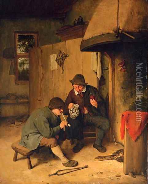 Peasants drinking and smoking in a kitchen interior Oil Painting - Cornelis Dusart