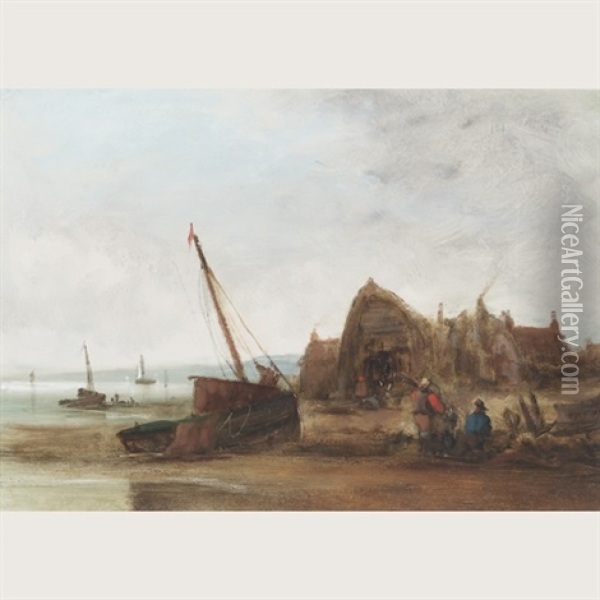 Fish Huts And Fisherfolk On A Beach Oil Painting - George William Crawford Chambers