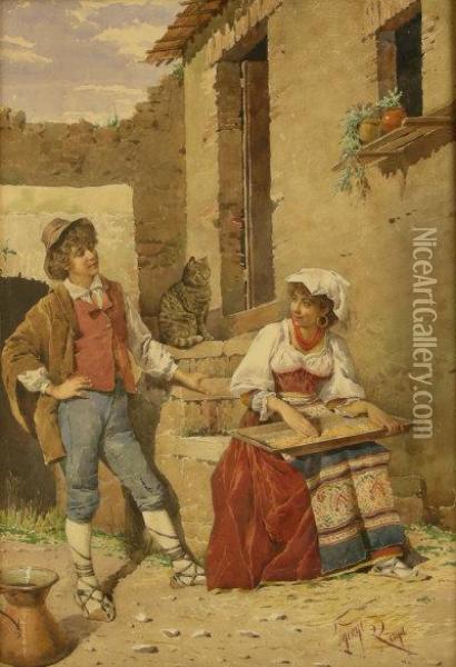Courting Couple With Cat Oil Painting - Filippo Indoni