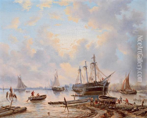Ships In Harbour Oil Painting - Petrus Jan Schotel