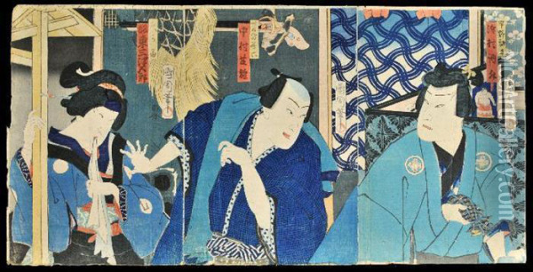 Triptych: A Samurai, A Courtesan And A Wrestler Oil Painting - Toyohara Kunichika