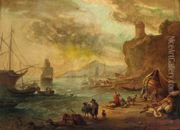 A Mediterranean Coastal Inlet With A Moored Man-o'-war Oil Painting - Abraham Jansz. Begeyn