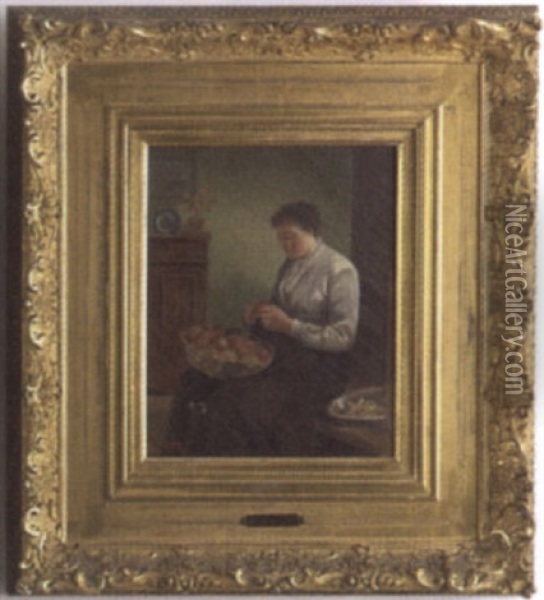 Interior Scene Of A Woman Peeling Apples Oil Painting - Robert Atkinson Fox