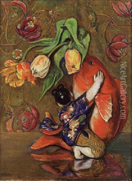 Tulpen In Einer Figurlichen Japanischen Keramikvase Oil Painting - Emil Orlik