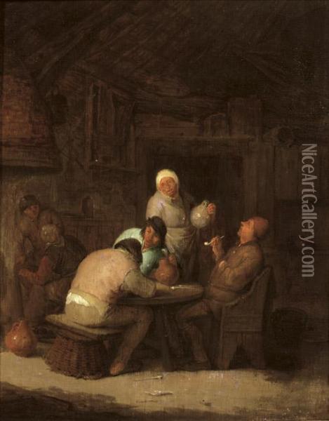 Peasants Seated Around A Table Smoking And Drinking Oil Painting - Adriaen Jansz. Van Ostade