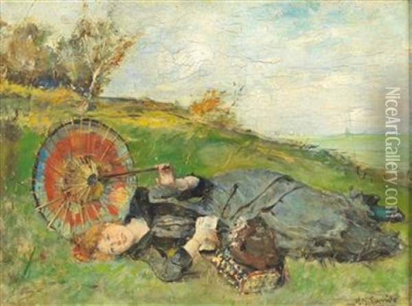 Lady Resting With Parasol Oil Painting - Eduardo Leon Garrido