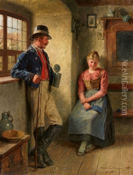 Girl And A Stage-coachman At A Window Oil Painting - Hugo Wilhelm Kauffmann