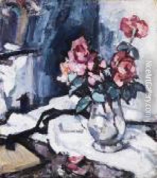 Roses In A Glass Vase Oil Painting - Samuel John Peploe