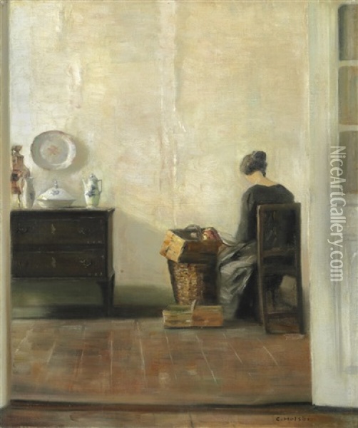 Interior With The Artist's Wife Peeling Apples Oil Painting - Carl Vilhelm Holsoe