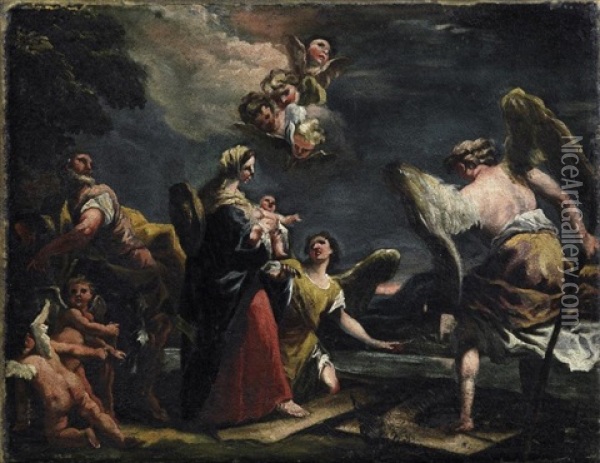 Die Heilige Familie Auf Der Flucht Nach Agypten (study For Mural At The Church Of San Stefano In Venice) Oil Painting - Gaspare Diziani